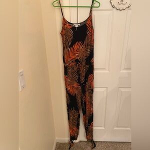 Tropical Leaf Print Jumpsuit - Black and Orange